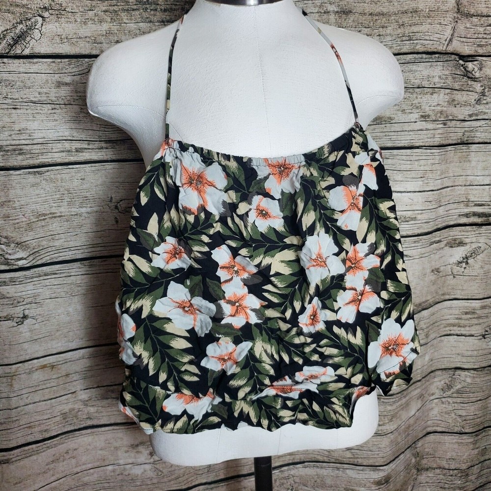 Volcom Blk/Coral Floral Halter Bandeau Top Size Large (10) NWT $38.99